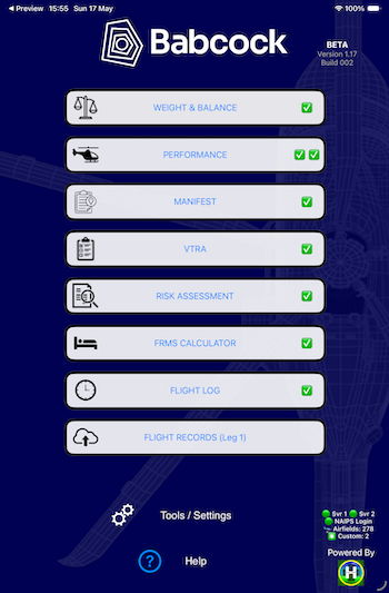 HeliPerf iOS main workflow screen